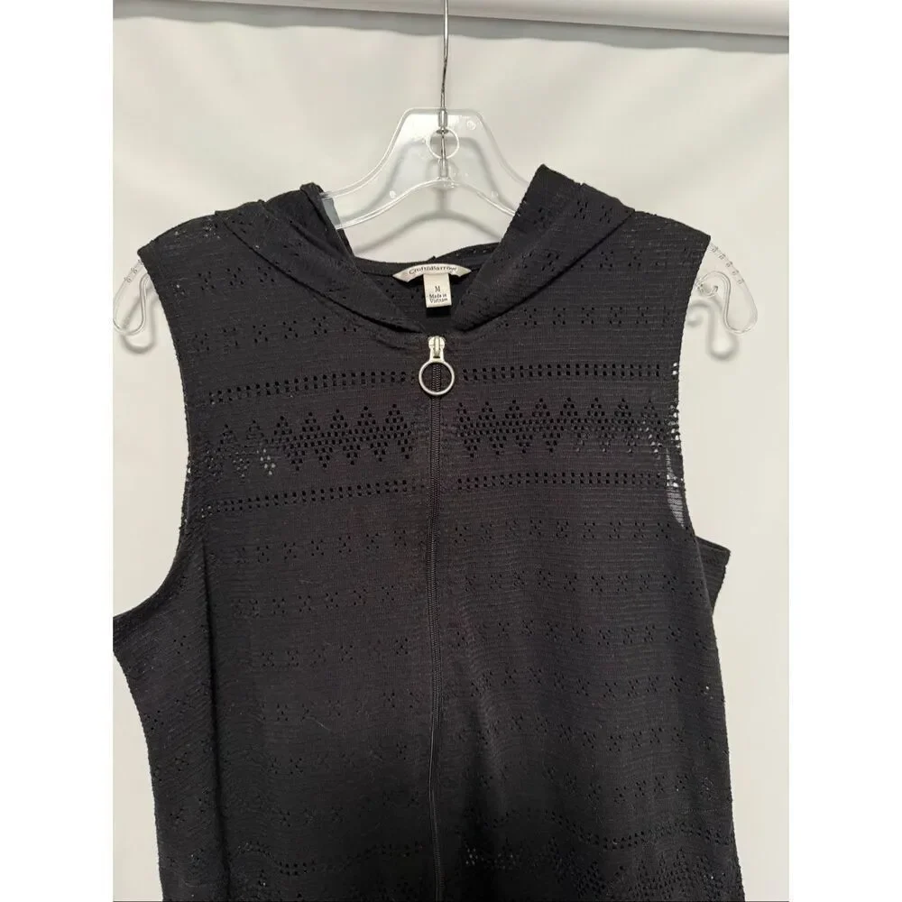Croft & Barrow black open knit zip front hooded swim cover up size medium